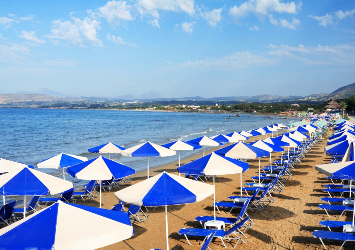 'A view of sunbeds awaiting tourists at the Greek island resort of Georgioupolis on Crete's north coast.' - La Canée